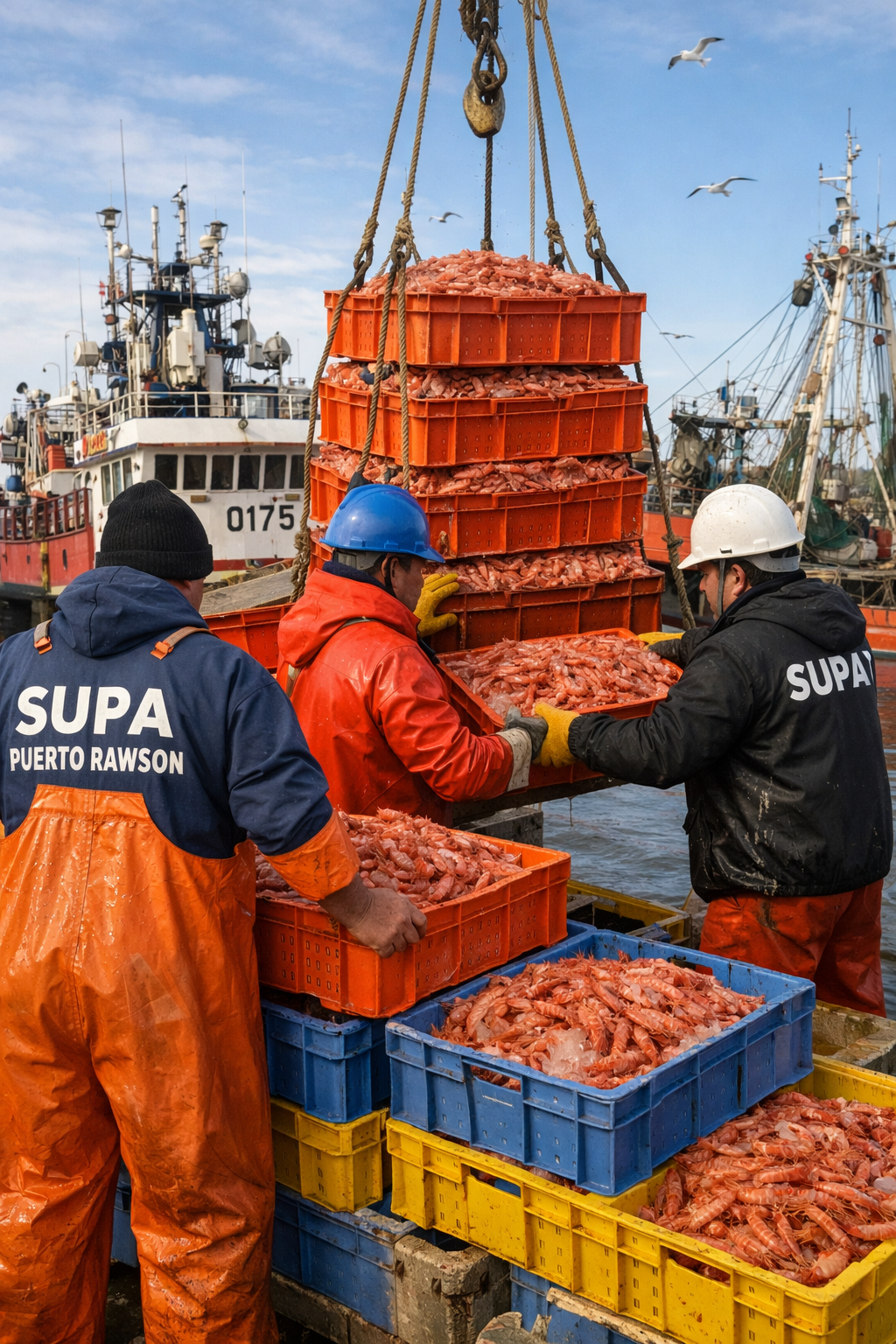 El SUPA Chubut destacó la zafra de langostino en Puerto Rawson y puso en valor el trabajo de los estibadores.